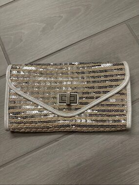 Sequin Straw Envelope Clutch/Shoulder Bag - White Trim